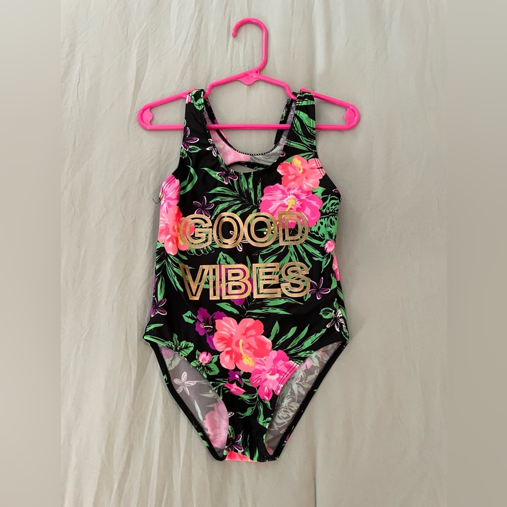 REAL LOVE ~ Girls GOOD VIBES One Piece Bathing Suit SIZE 4.